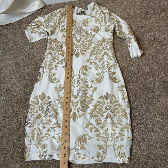 B.Darlin Dress Ivory W/Gold Sequins Lined Cut Out Back Body Con Size 7/8 - Picture 11 of 11
